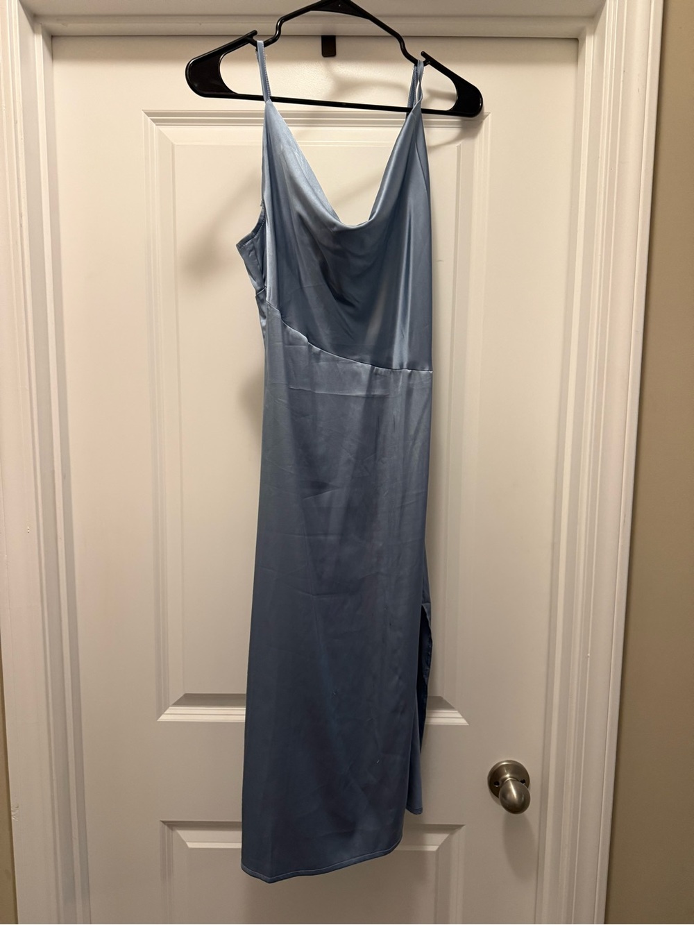 Satin Cowl Neck Slip Dress in Light Blue